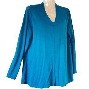 Eileen Fisher Fine Jersey Tencel V Neck Top Medium Teal Turquoise A Line Flare